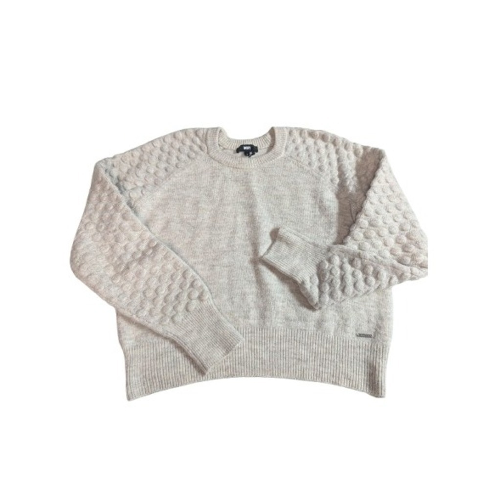 DKNY Oatmeal Heather Bobble Sleeve Sweater‎ Medium Popcorn Knit Crewneck Neutral